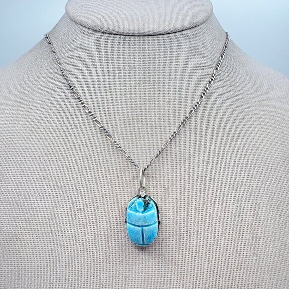 Jewelry - Turquoise Carved Scarab Pendant Necklace Sterling Silver 925 Size 15.5" Length